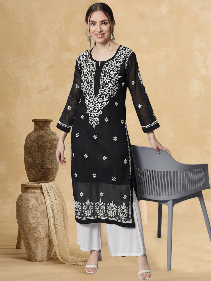 Hand Embroidered Chikankari Kota Cotton straight Kurta with Matching Slip- PC3540 Black