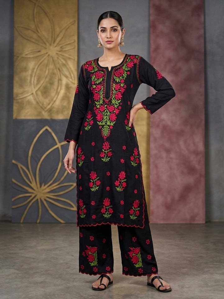 Women Hand Embroidered Chikankari Rayon Kurta Set With Cut Work PC4132KS Red