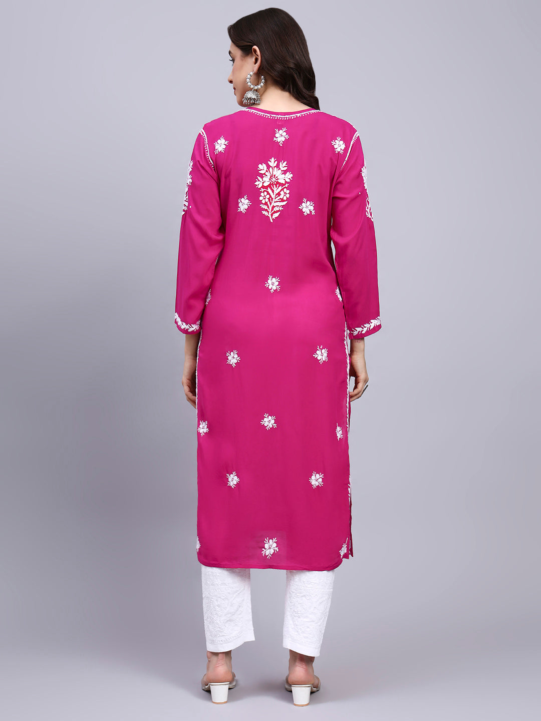 Hand Embroidered Chikankari Modal Straight Kurta- PC4059 Magenta