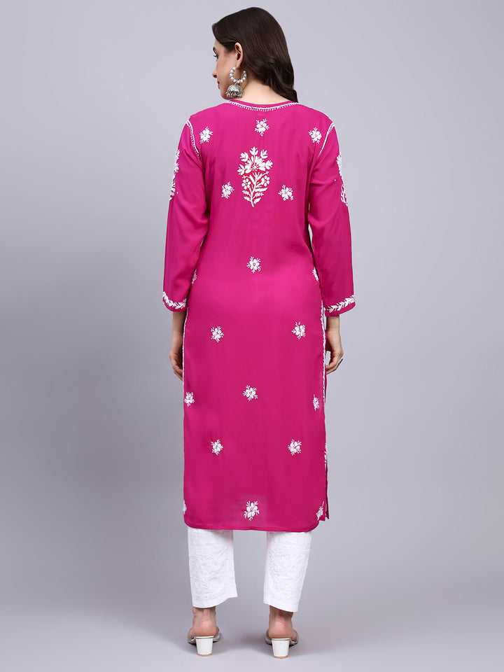 Hand Embroidered Chikankari Modal Straight Kurta- PC4059 Magenta