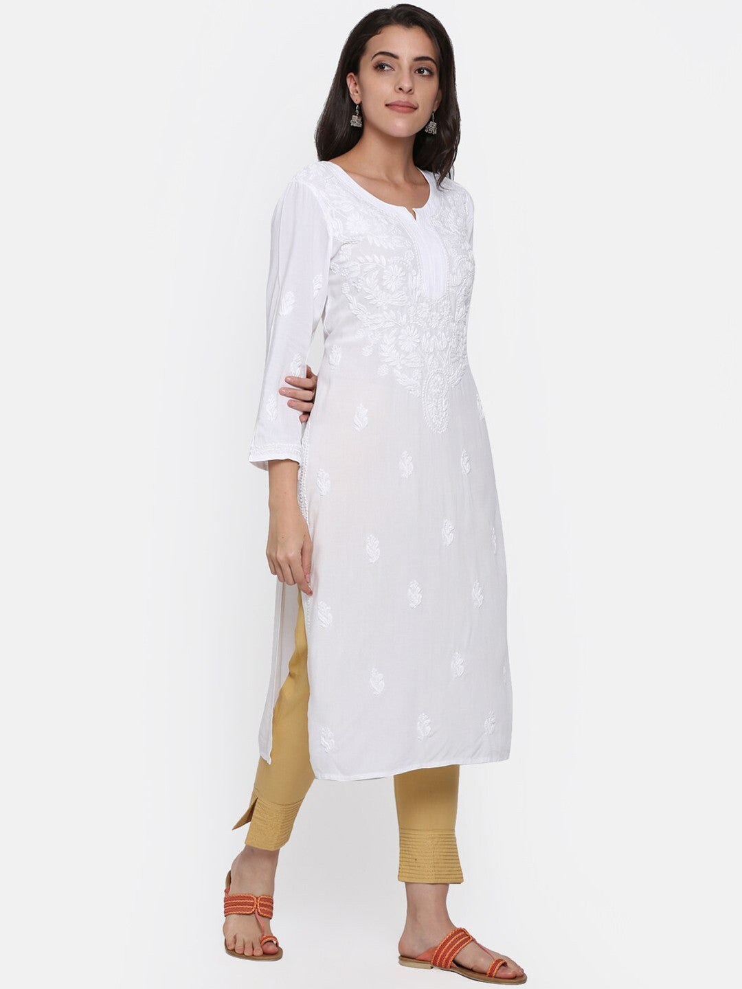 Hand Embroidered White Chikankari Rayon straight Kurta-PC3451