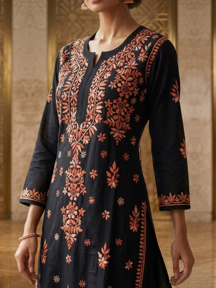Hand Embroidered Chikankari Modal Straight Kurta PC4113 Orange