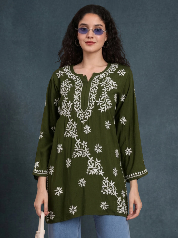 Women Hand Embroidered Chikankari Rayon Kurti PC4071 Olive