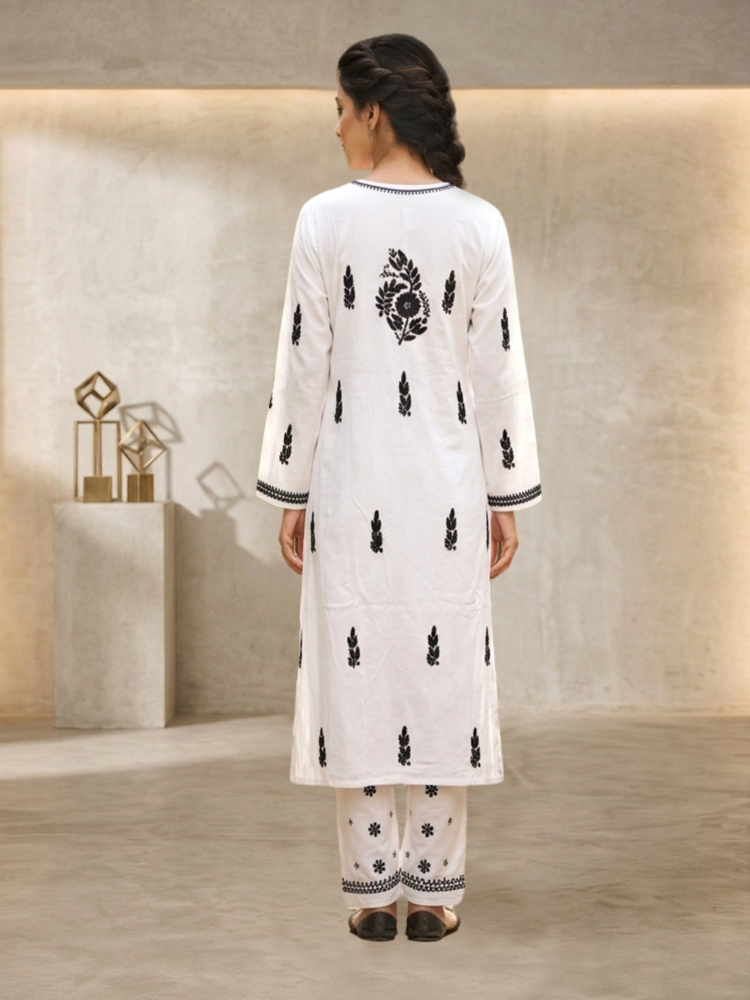 Women Hand Embroidered Chikankari Modal kurta set PC3451KS-WHITEANDBLACK