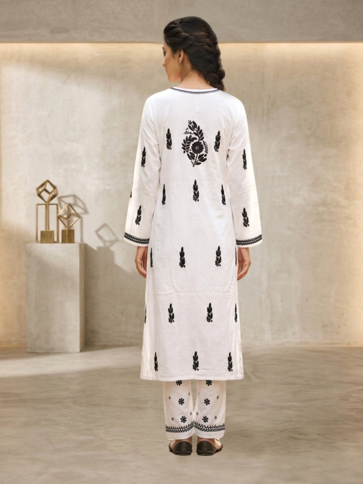 Women Hand Embroidered Chikankari Modal kurta set PC3451KS-WHITEANDBLACK