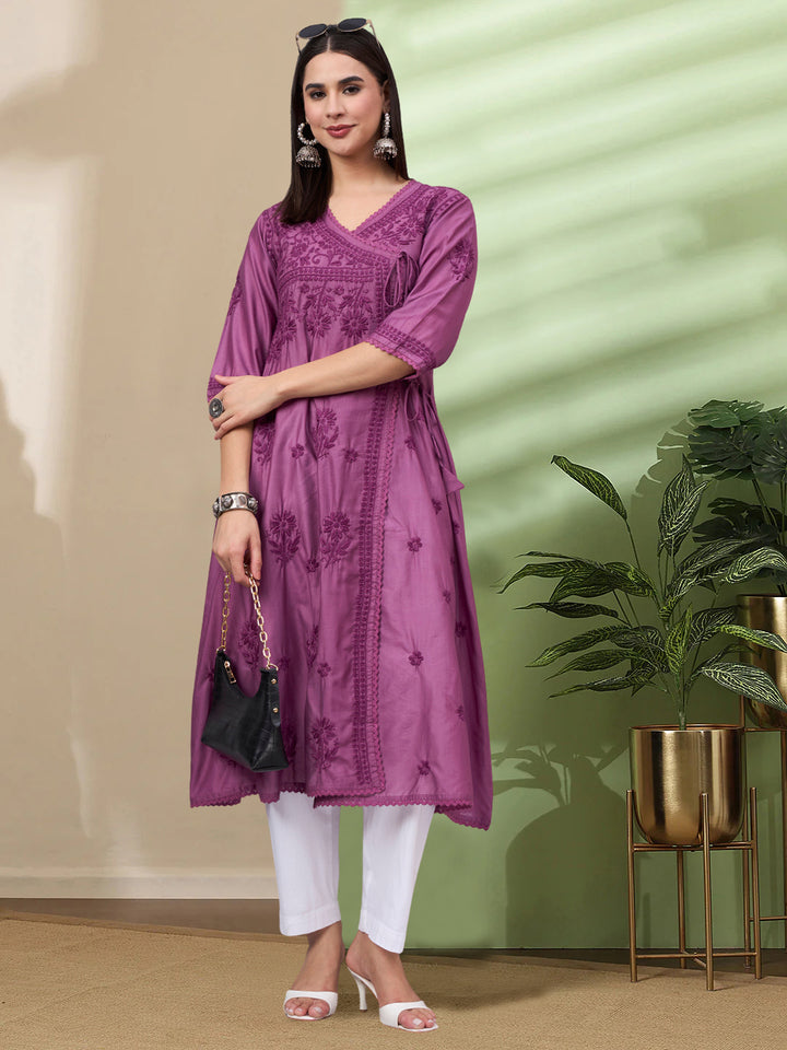 Women chikankari hand Embroidered Chanderi Angrakha kurta-PC3667 Darkviolet
