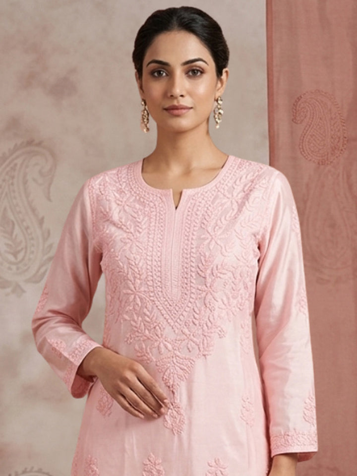 Women Hand Embroidered Chikankari Muslin Kurta Set PC4118KS-PEACH