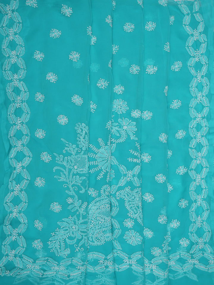 Hand Embroidered Chikankari Georgette Saree PCSAR04 Green
