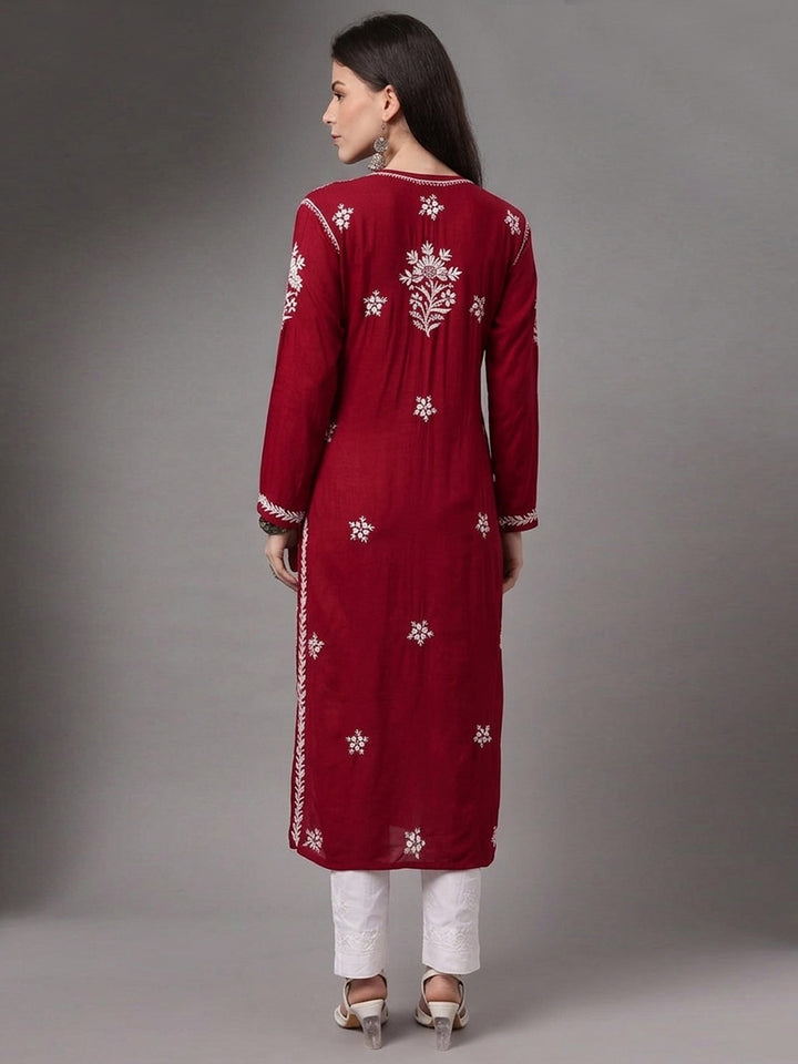 Hand Embroidered Chikankari Modal Straight Kurta PC4059-Red