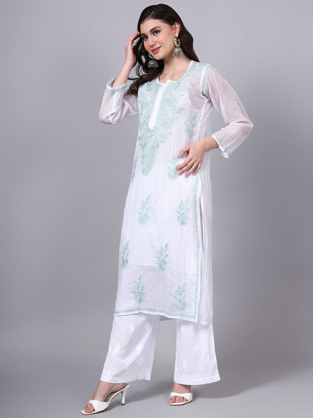 Hand Embroidered Chikankari Kota Cotton Straight Kurta With Matching Slip- PC4137 Seagreen