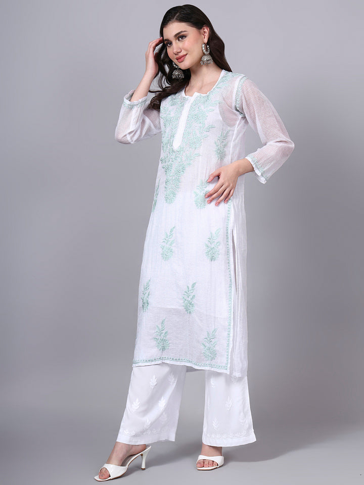 Hand Embroidered Chikankari Kota Cotton Straight Kurta With Matching Slip- PC4137 Seagreen