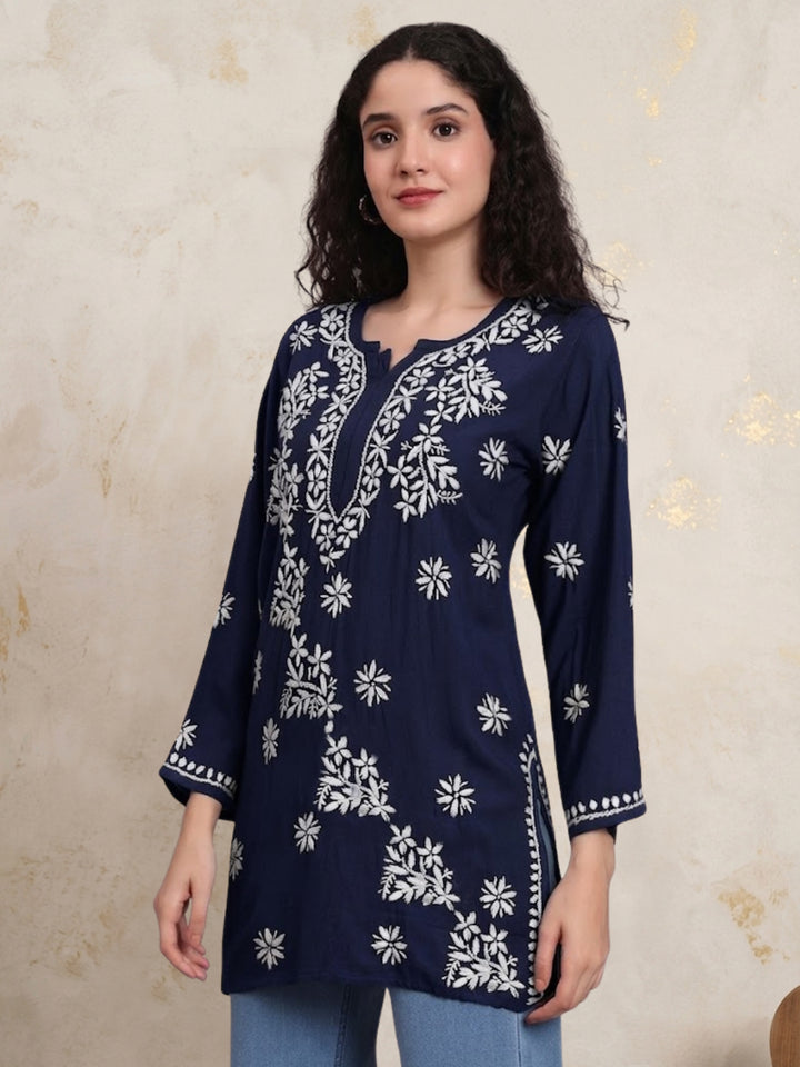 Women Hand Embroidered Chikankari Rayon Kurti PC4071 Darknavy