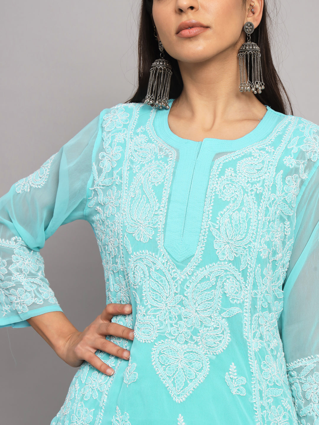 Hand Embroidered Chikankari Georgette straight Kurta With Matching Slip- PC3485