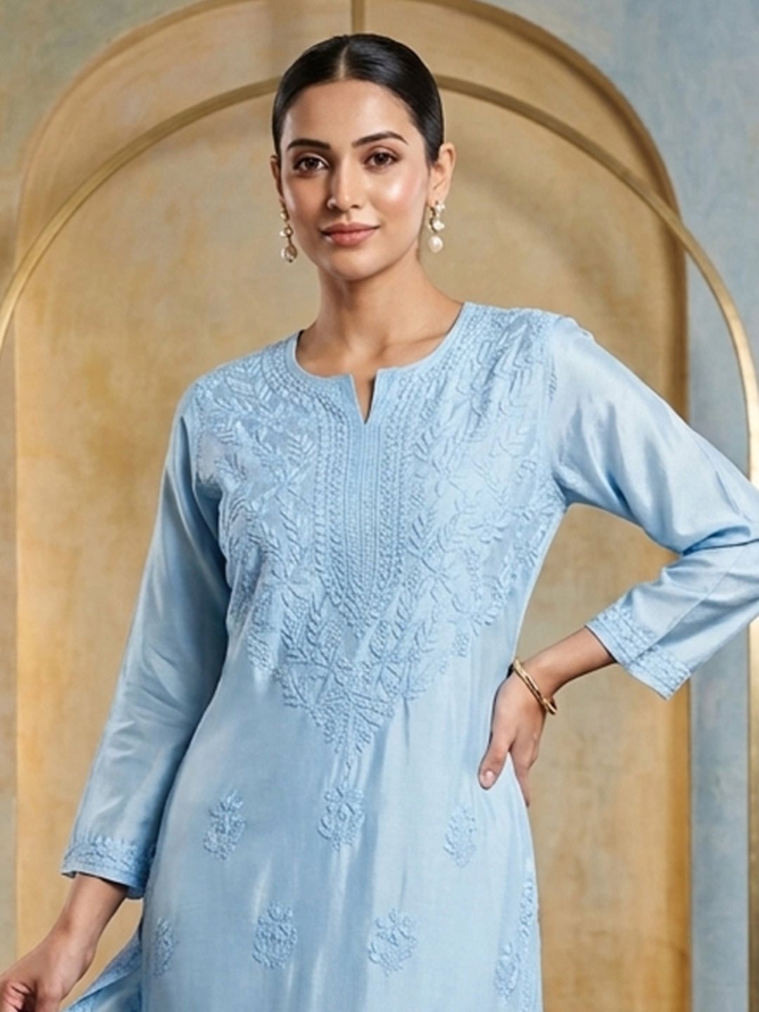 Women Hand Embroidered Chikankari Muslin Kurta Set PC4118KS-BLUE