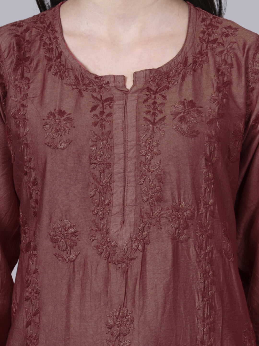 Women Hand Embroidered Chikankari Chanderi Kurta Set with dupatta PC4136KS Brown