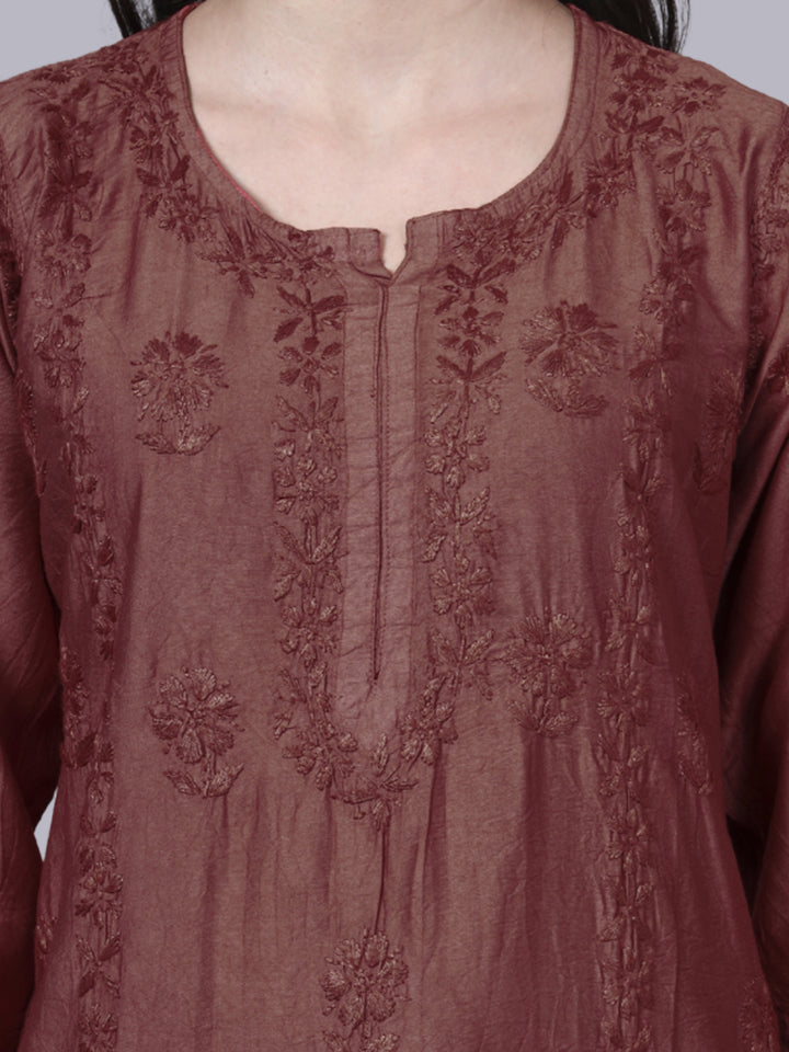 Women Hand Embroidered Chikankari Chanderi Kurta Set with dupatta PC4136KS Brown