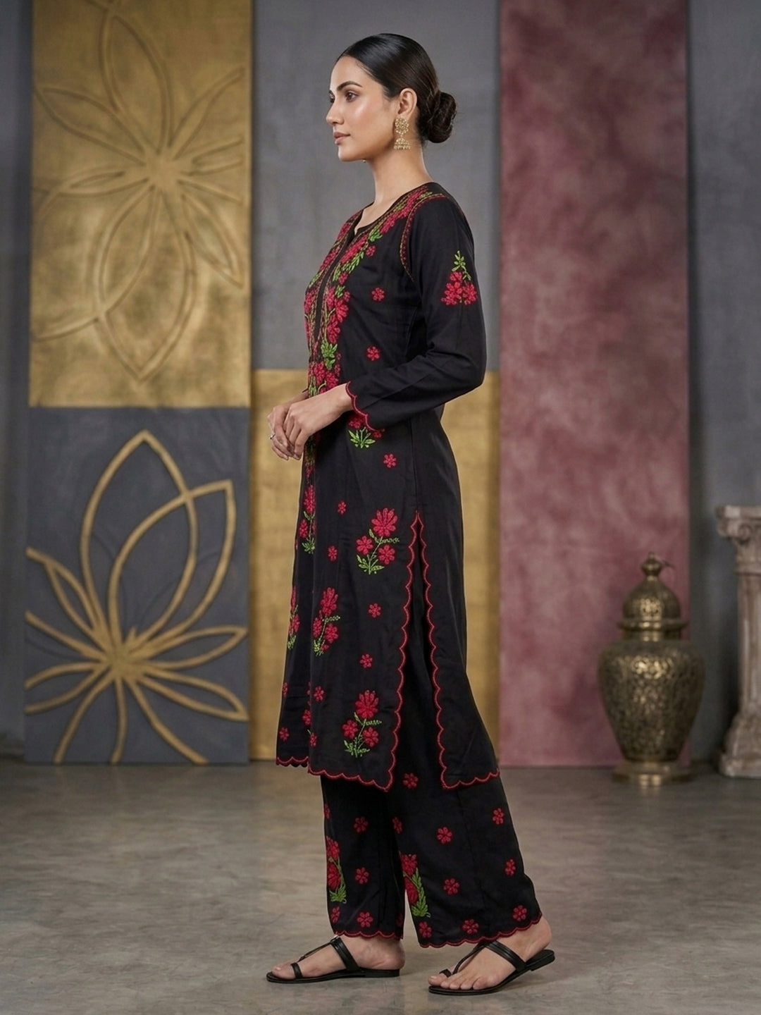 Women Hand Embroidered Chikankari Rayon Kurta Set With Cut Work PC4132KS Red