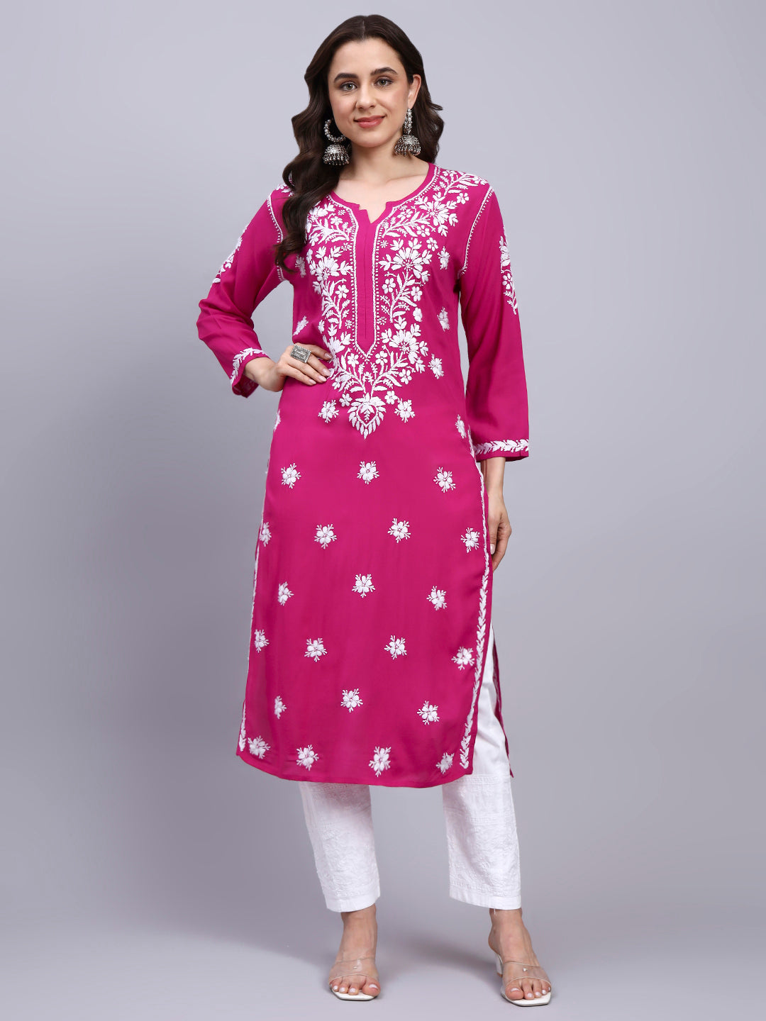 Hand Embroidered Chikankari Modal Straight Kurta- PC4059 Magenta