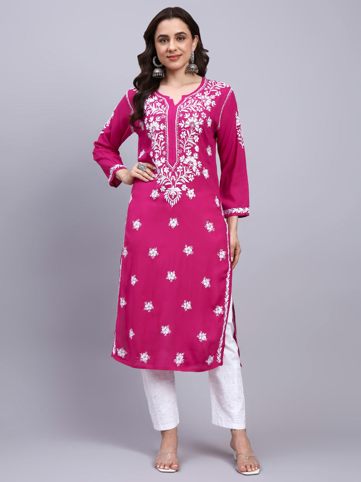 Hand Embroidered Chikankari Modal Straight Kurta- PC4059 Magenta
