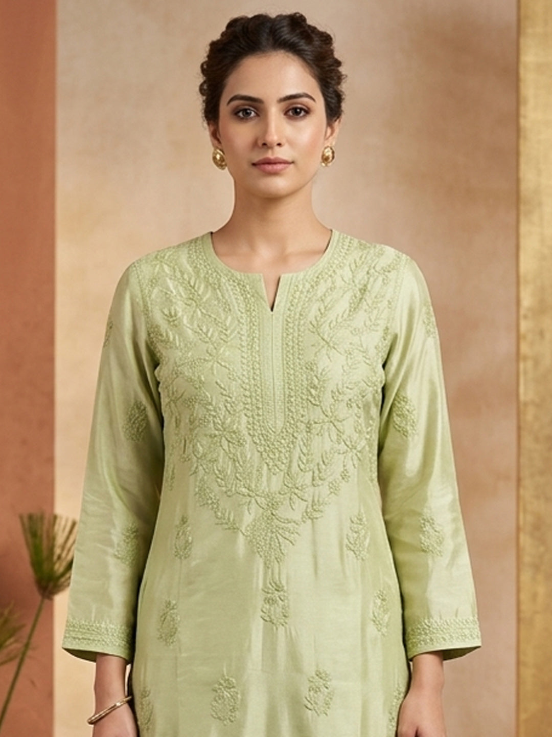Women Hand Embroidered Chikankari Muslin Kurta Set PC4118KS-OLIVE
