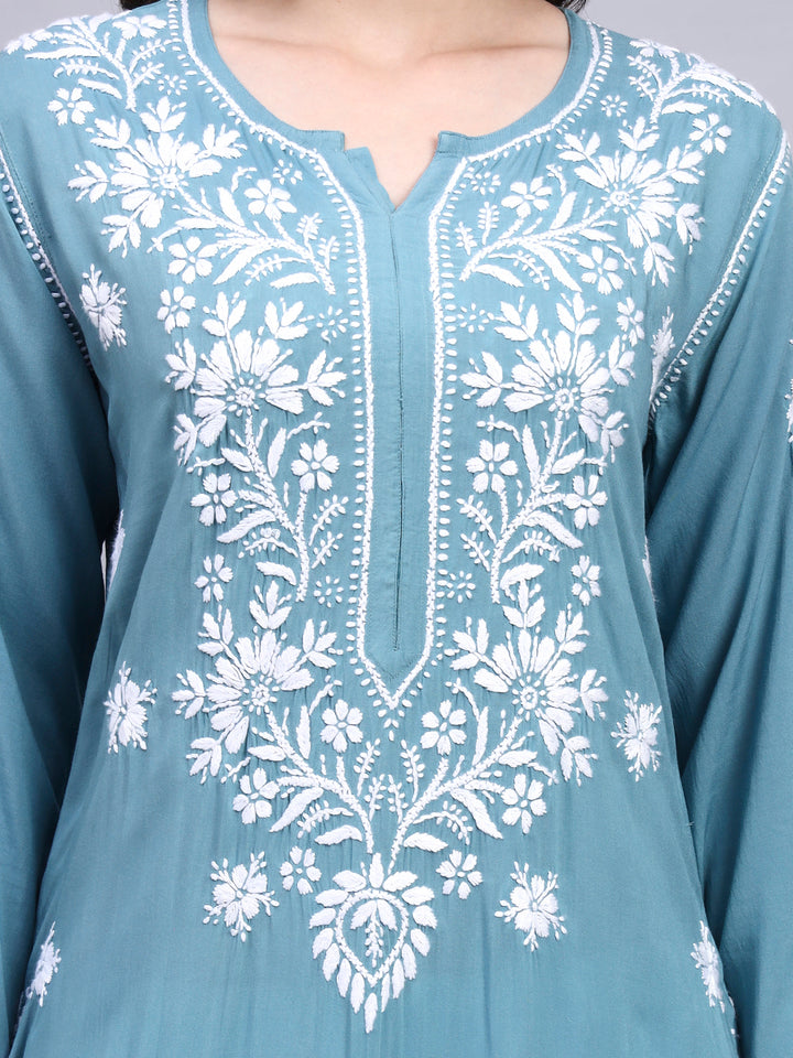 Hand Embroidered Chikankari Modal Straight Kurta- PC4059 Teal