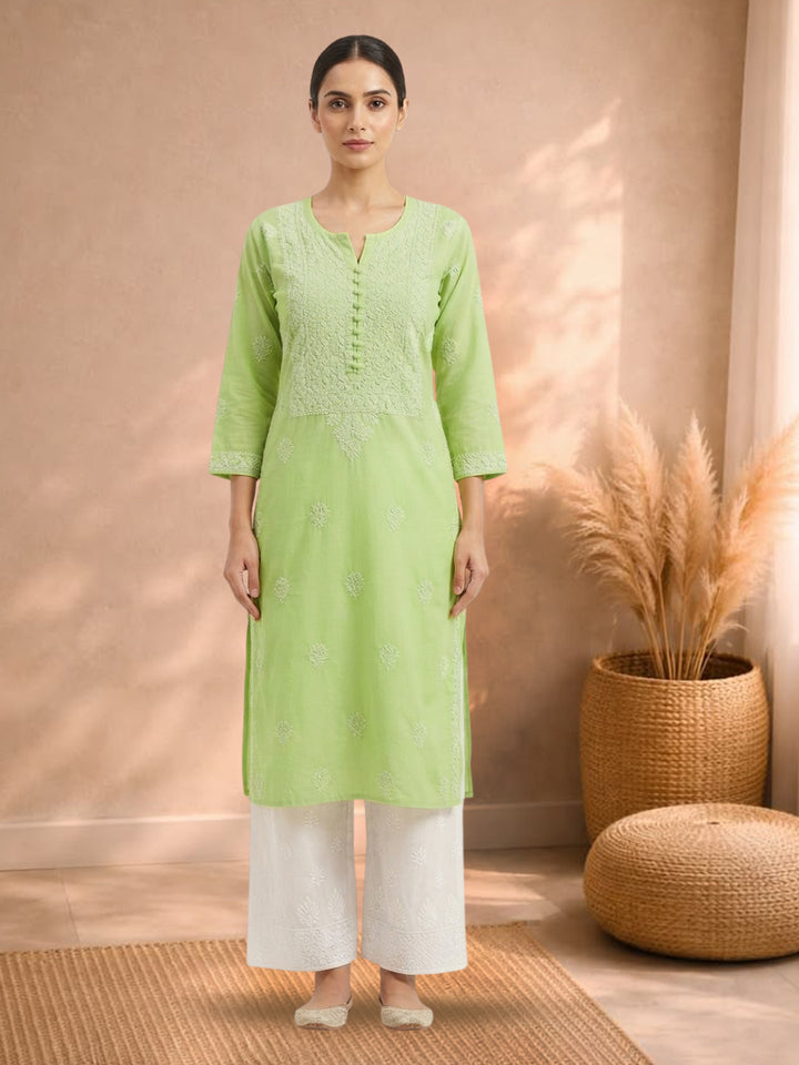 Hand Embroidered Chikankari Cotton Straight Kurta- PC3579 Green