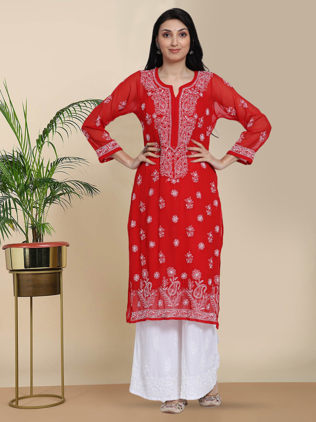 Women Hand Embroidered Chikankari Georgette Straight Kurta with Matching Slip PC3511