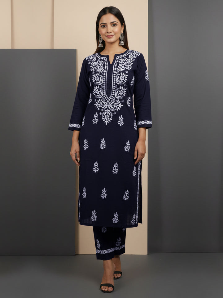 Women Hand Embroidered Chikankari Cotton kurta set PC4107KS Navy