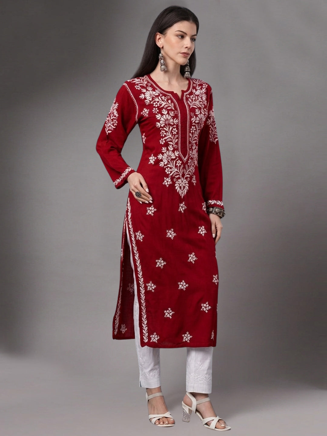 Hand Embroidered Chikankari Modal Straight Kurta PC4059-Red
