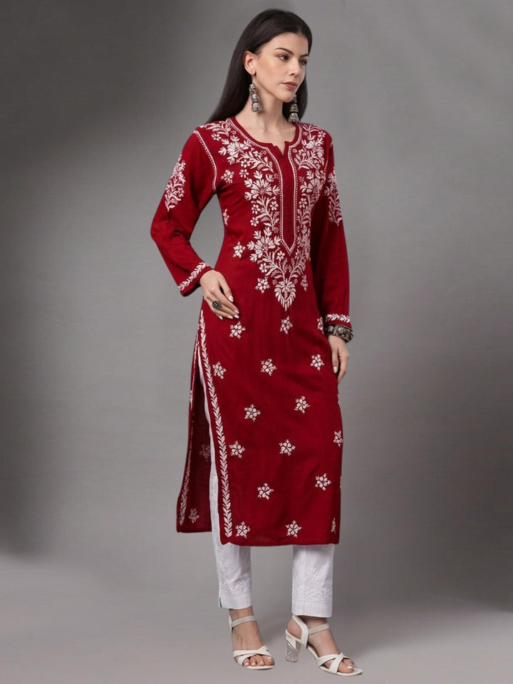 Hand Embroidered Chikankari Modal Straight Kurta PC4059-Red