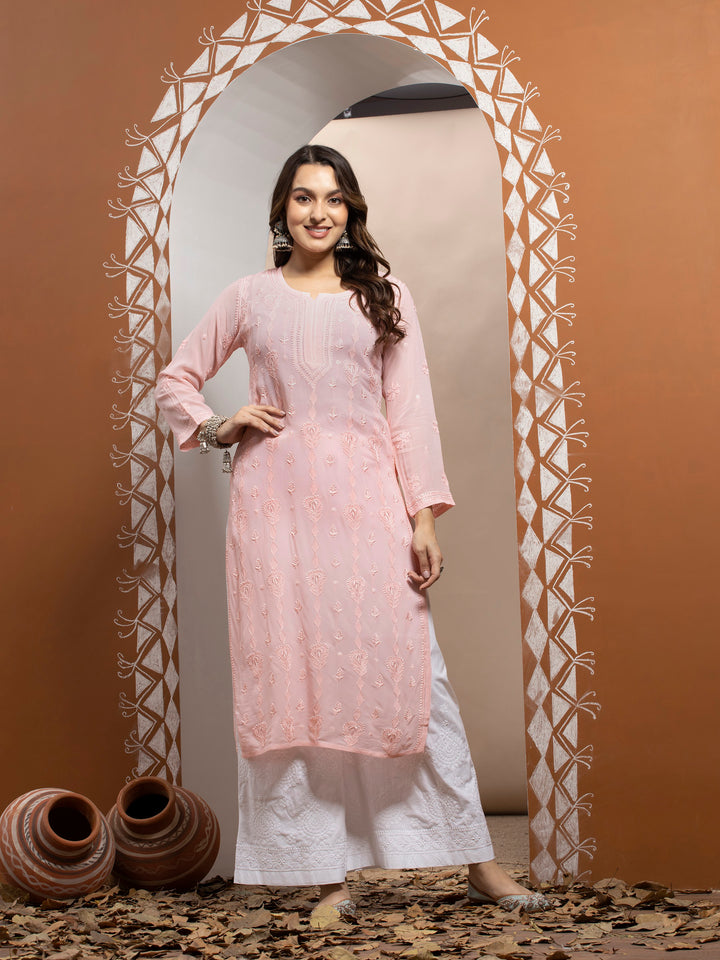 Hand Embroidered Chikankari Viscose Georgette Straight  Kurta- PC3640