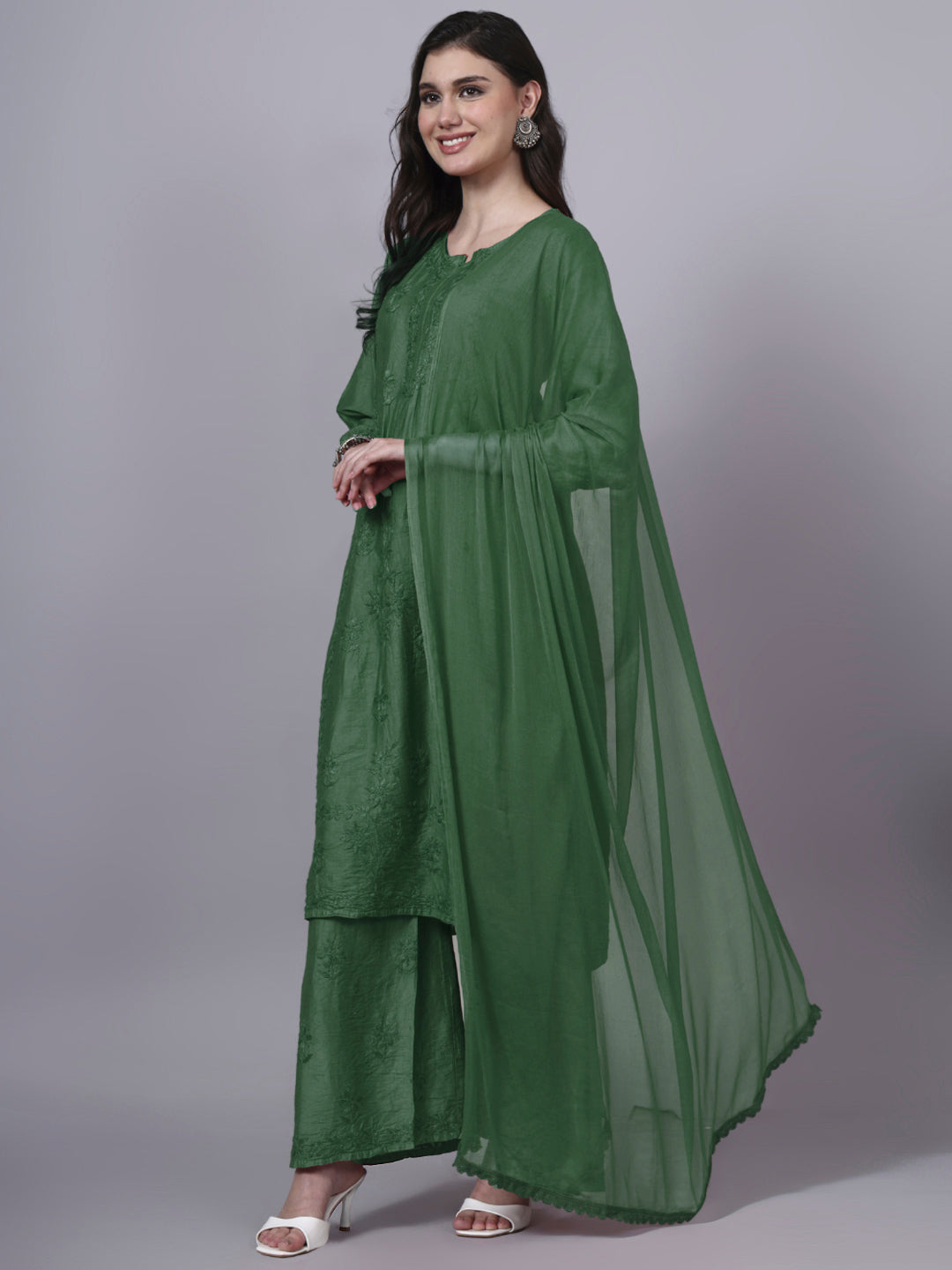 Women Hand Embroidered Chikankari Chanderi Kurta Set with dupatta PC4136KS Green