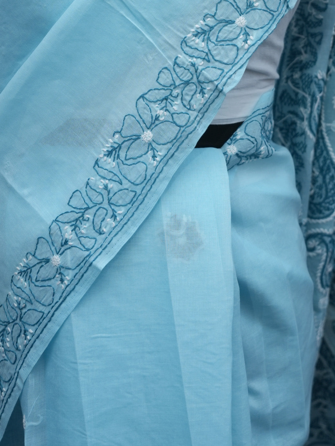 Hand Embroidered Chikankari Cotton Saree PCSAR01 Lightblue