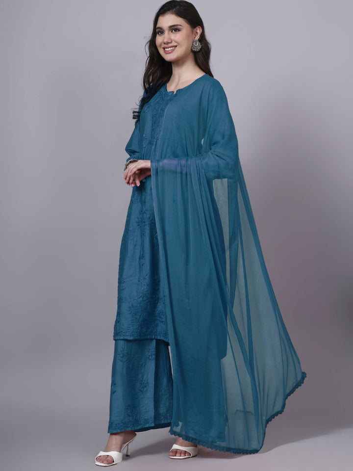Women Hand Embroidered Chikankari Chanderi Kurta Set with dupatta PC4136KS Blue