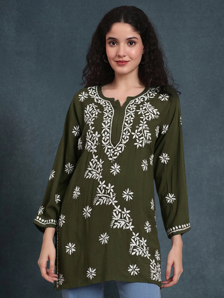 Women Hand Embroidered Chikankari Rayon Kurti PC4071 Olive