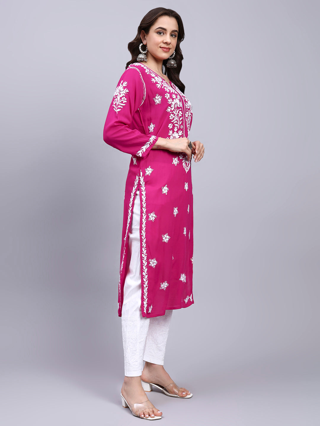 Hand Embroidered Chikankari Modal Straight Kurta- PC4059 Magenta