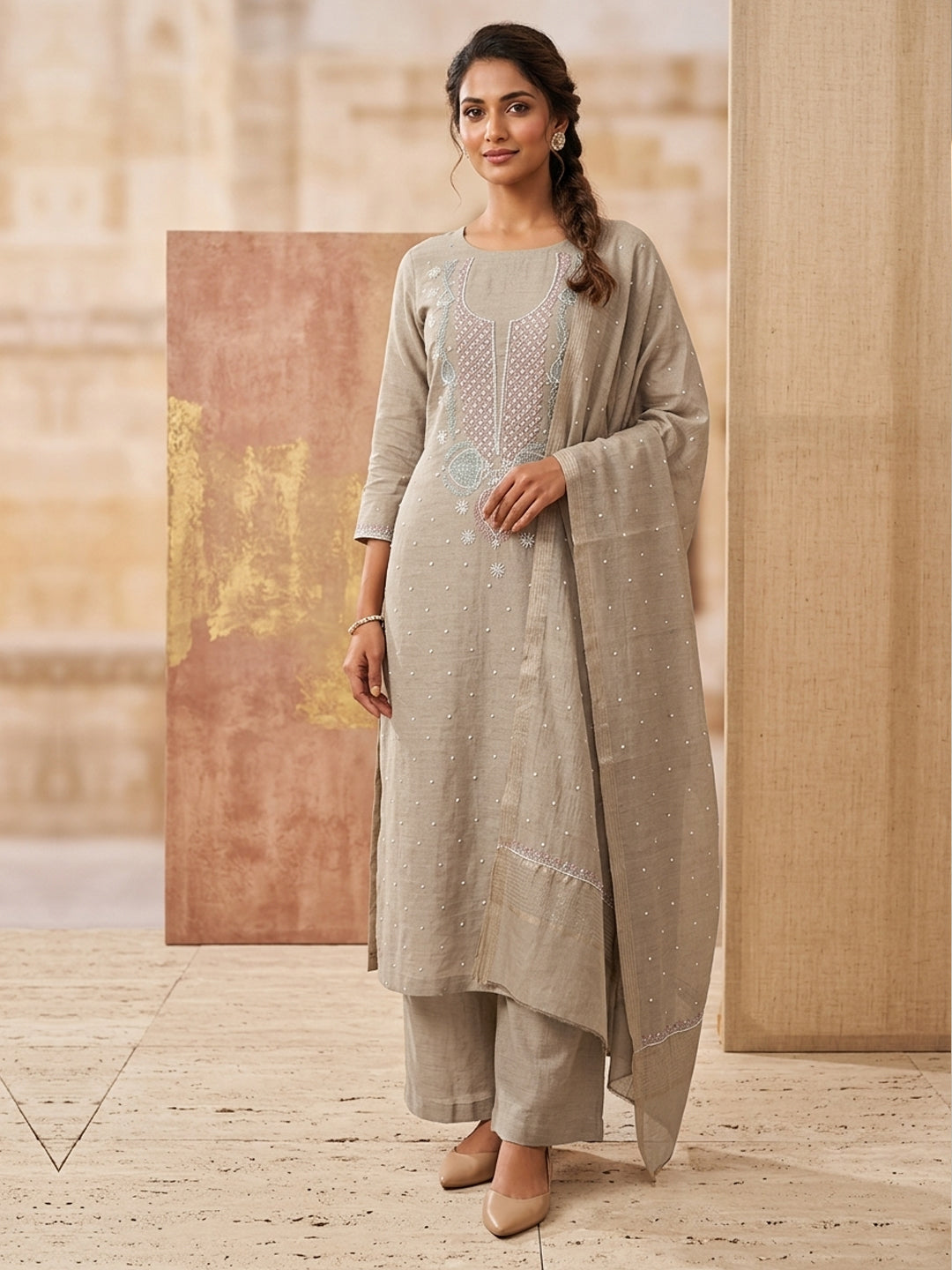 Women Hand Embroidered Chanderi Chikankari Dress Material PCFC19501FS-GREY