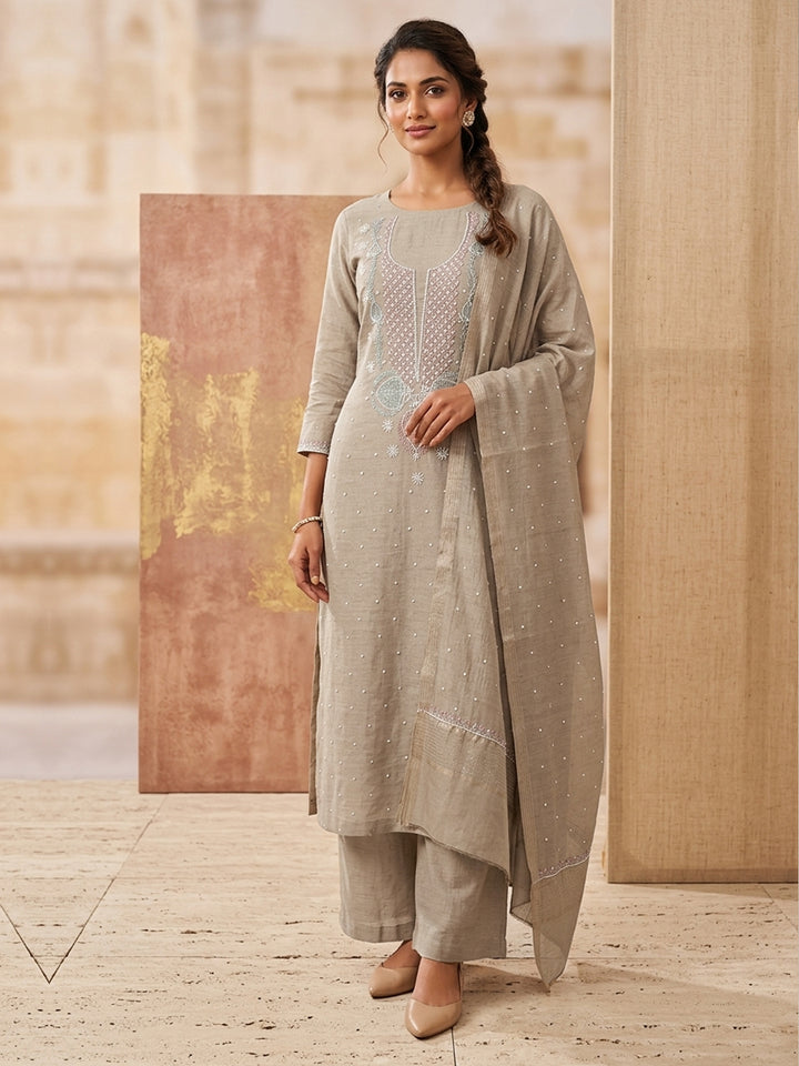 Women Hand Embroidered Chanderi Chikankari Dress Material PCFC19501FS-GREY