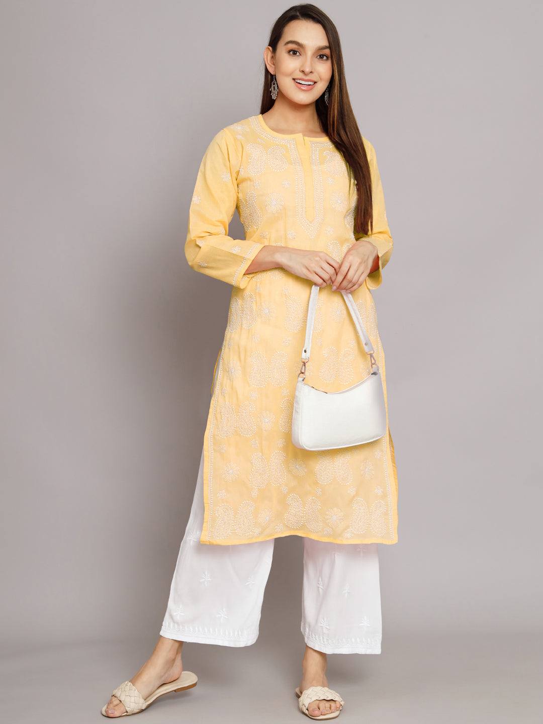 Hand Embroidered Chikankari Cotton Straight Kurta- PC3495