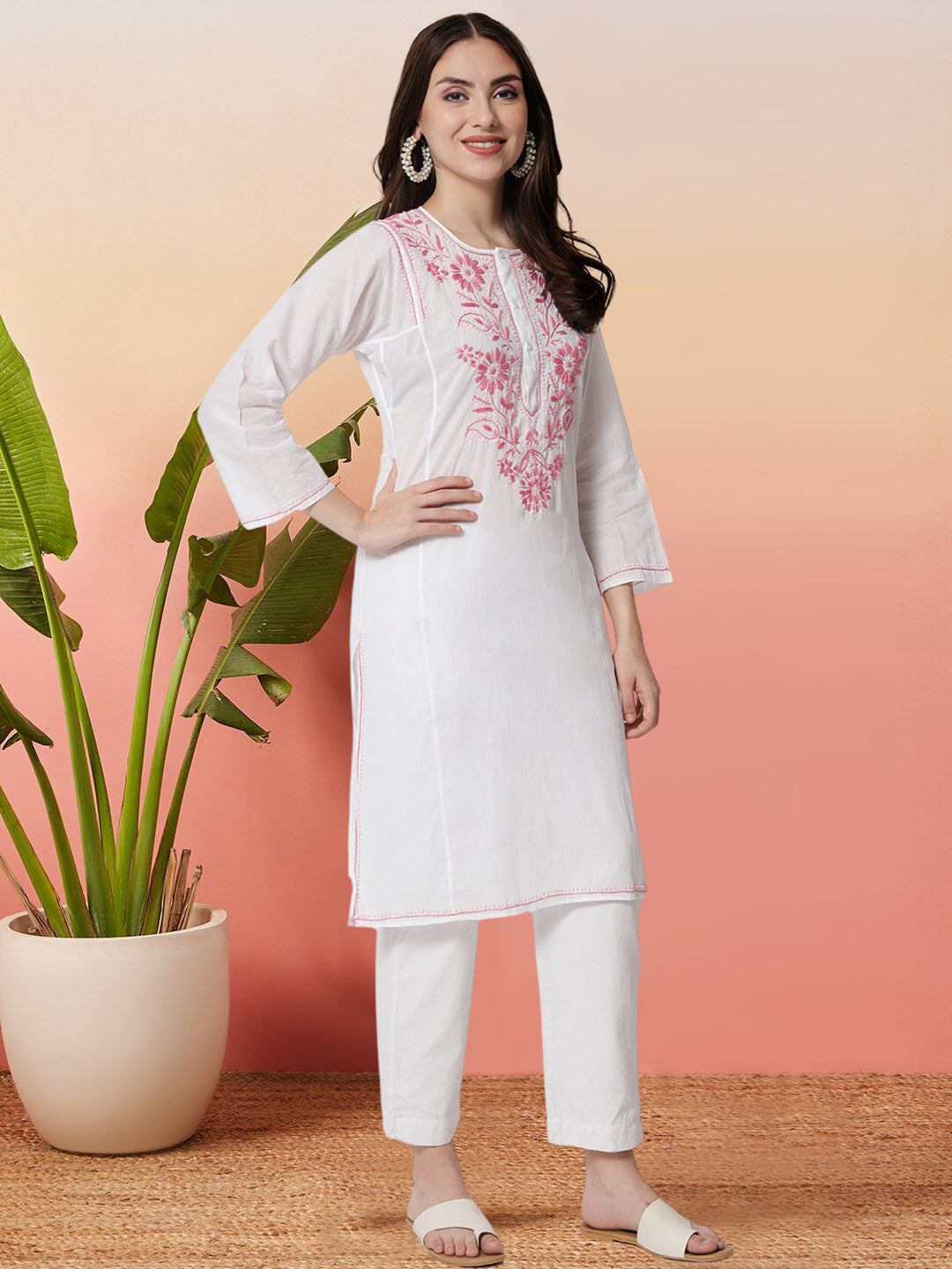 Hand Embroidered Chikankari Cotton Straight Kurta-NM125