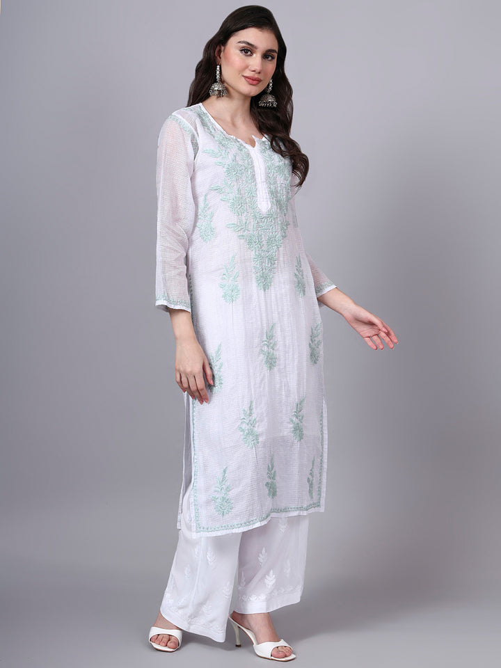 Hand Embroidered Chikankari Kota Cotton Straight Kurta With Matching Slip- PC4137 Seagreen