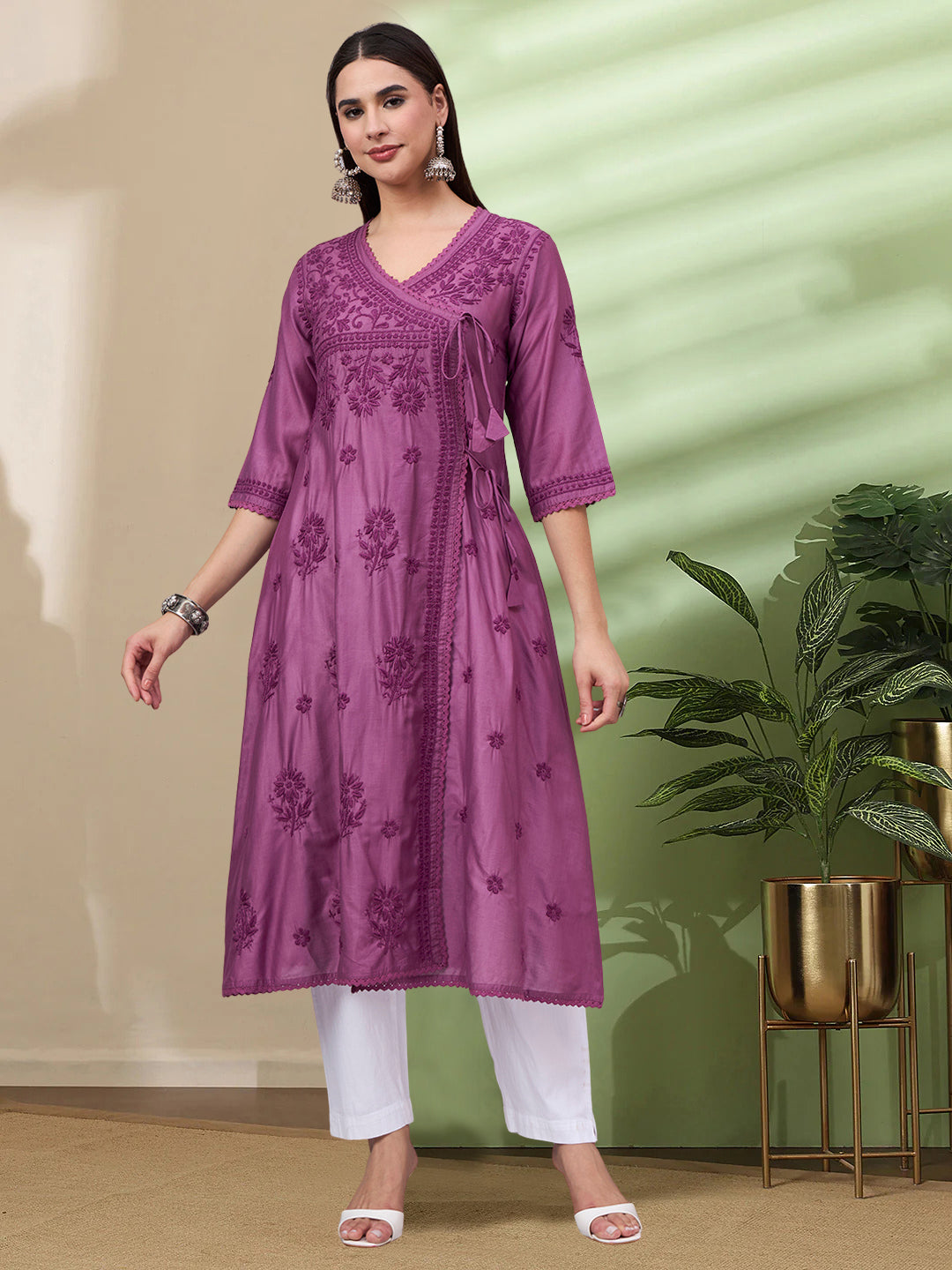Women chikankari hand Embroidered Chanderi Angrakha kurta-PC3667 Darkviolet