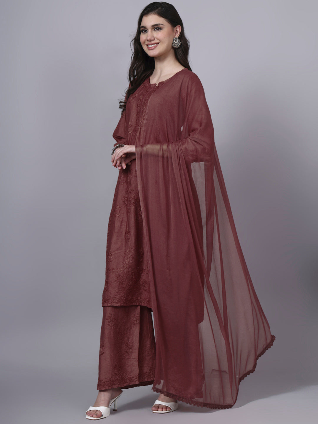 Women Hand Embroidered Chikankari Chanderi Kurta Set with dupatta PC4136KS Brown