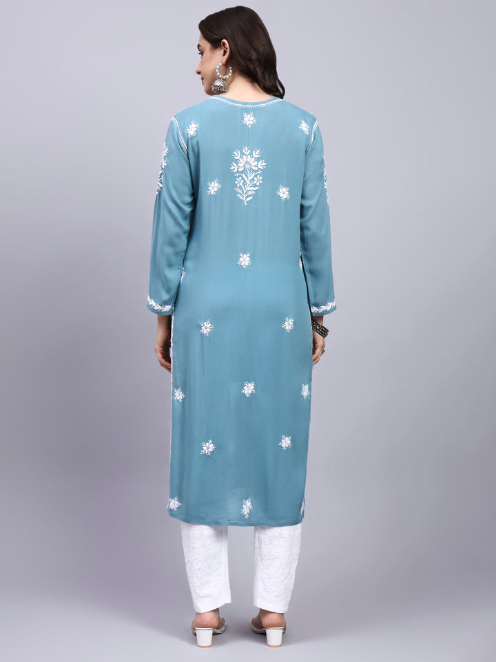 Hand Embroidered Chikankari Modal Straight Kurta- PC4059 Teal