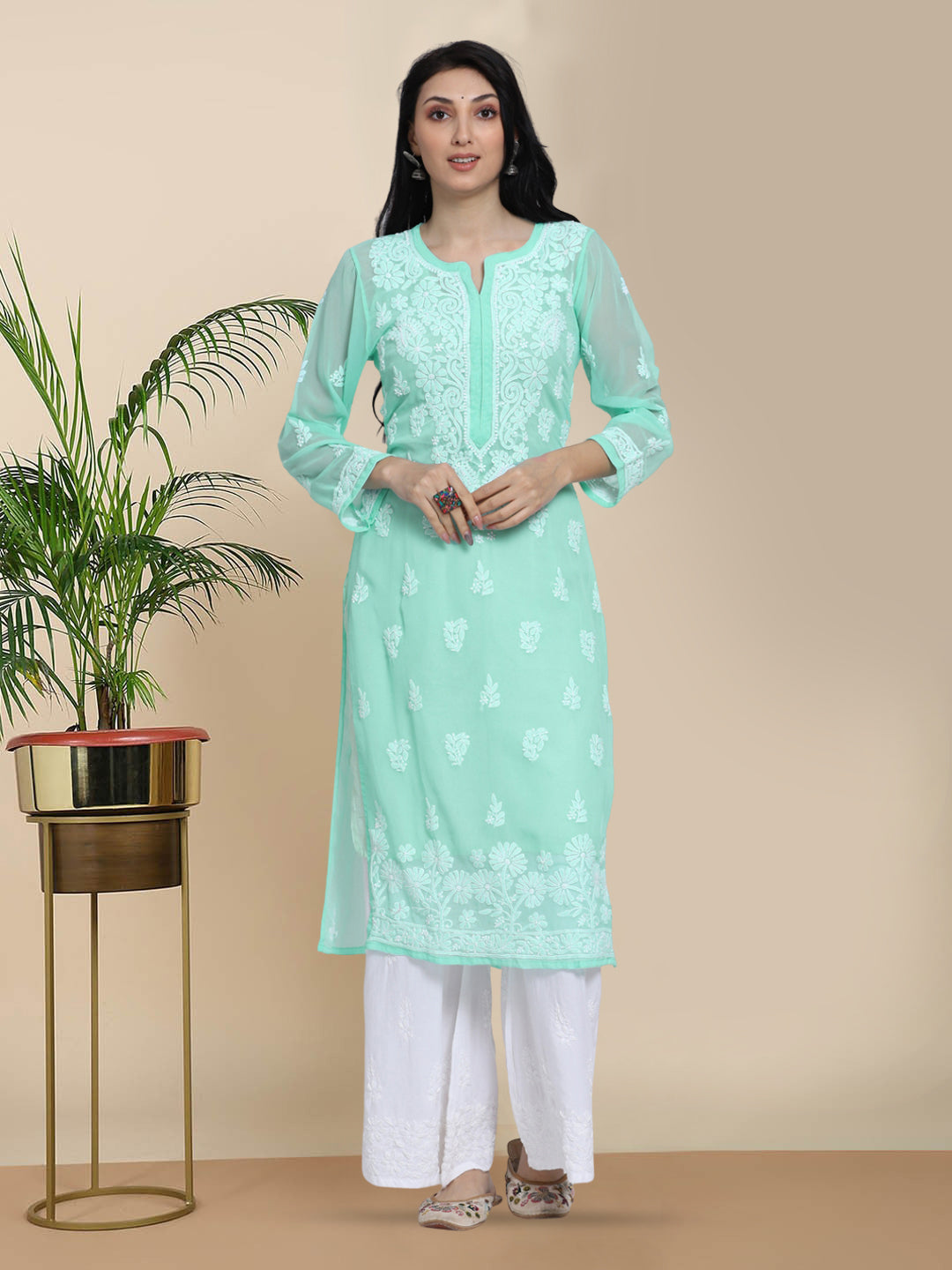 Women Hand Embroidered Chikankari Georgette Straight Kurta with Matching Slip PC3511