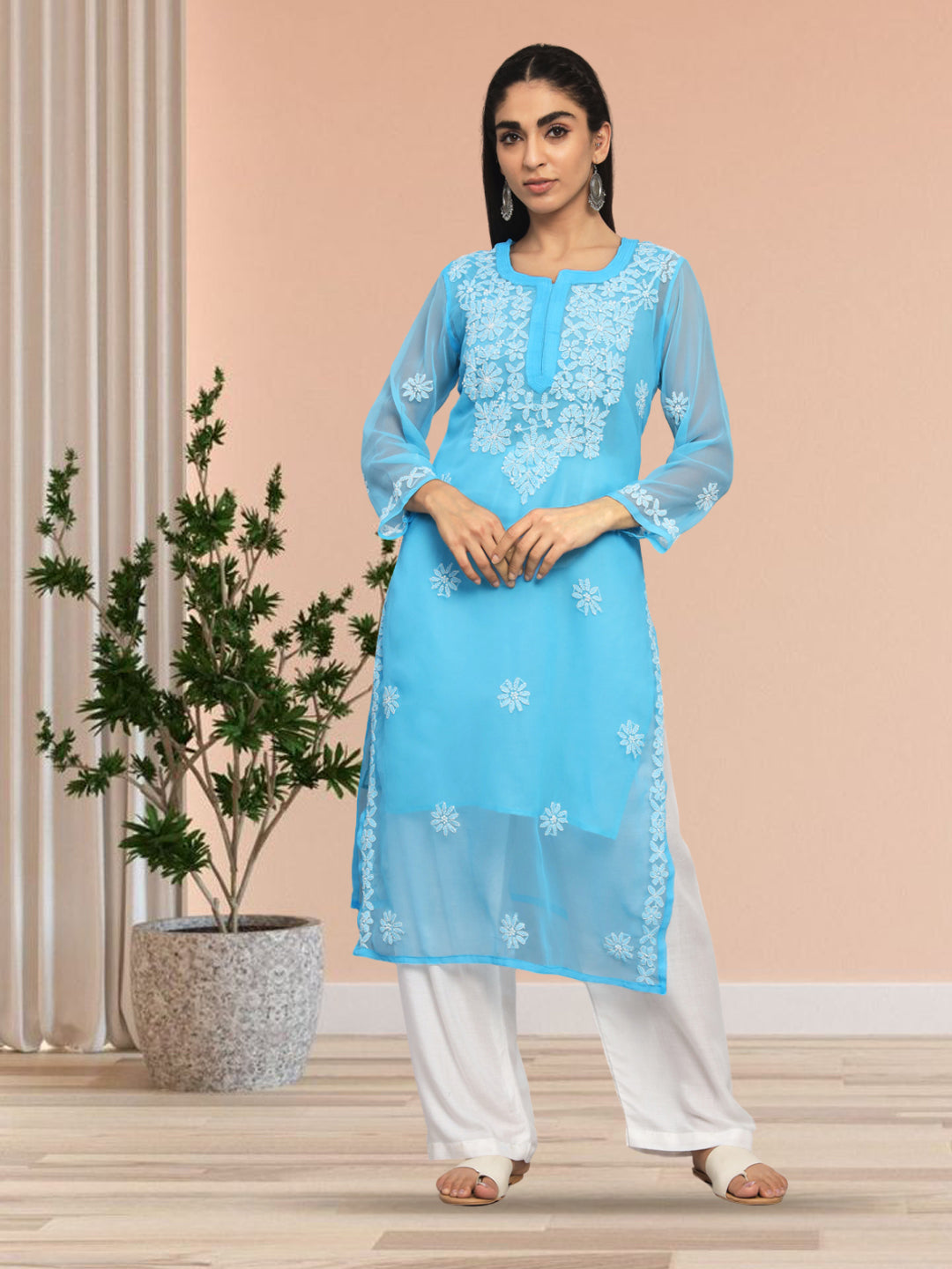 Hand Embroidered Chikankari Georgette straight Kurta- PC3609