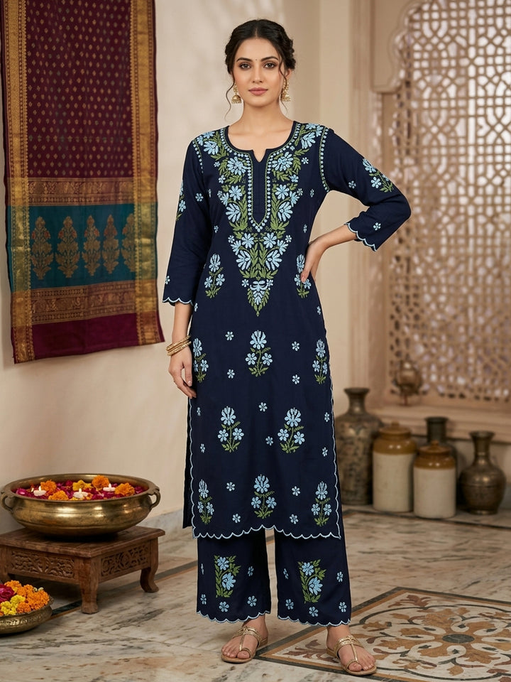 Women Hand Embroidered Chikankari Rayon Kurta Set With Cut Work PC4132KS Seagreen