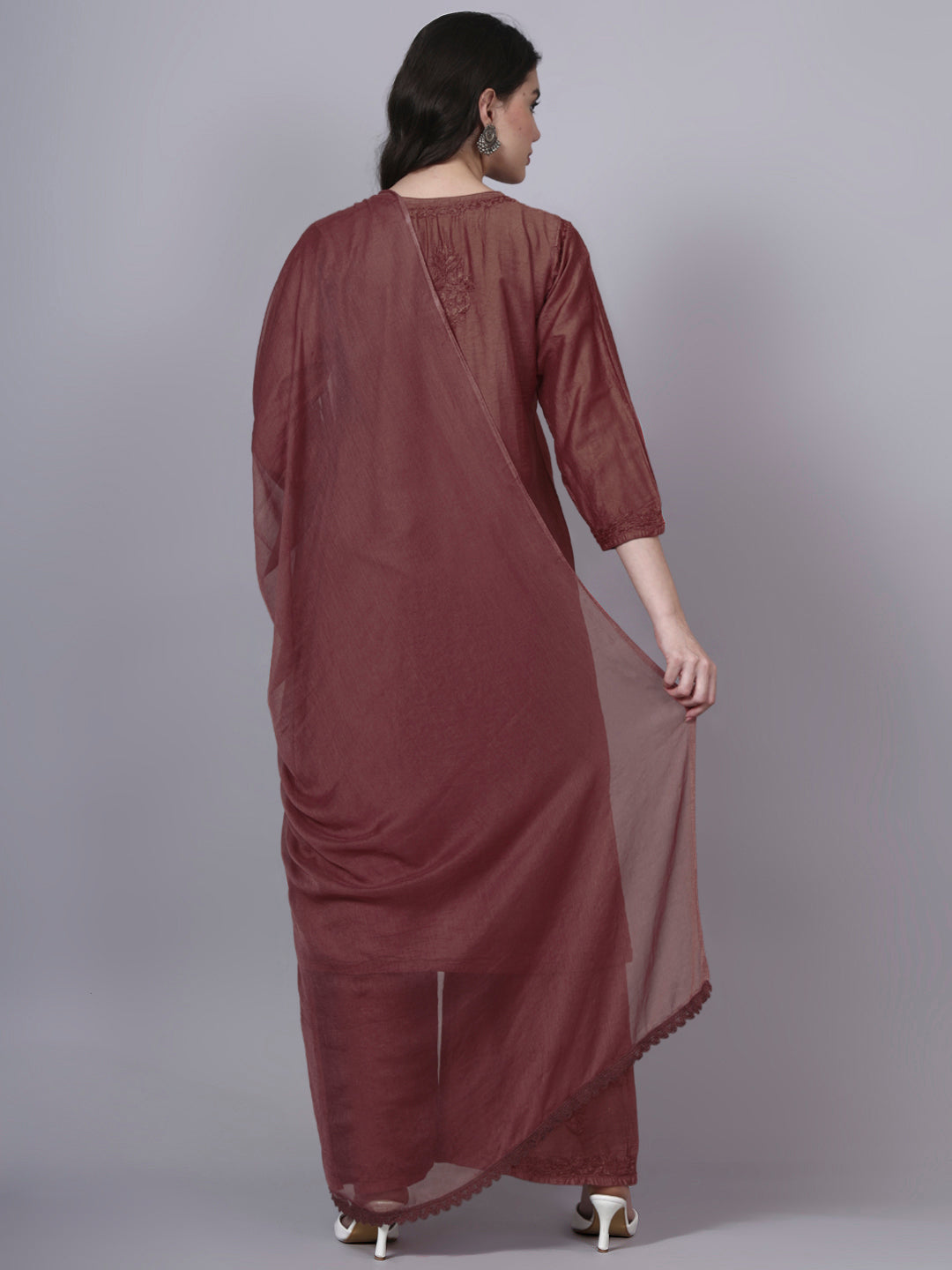 Women Hand Embroidered Chikankari Chanderi Kurta Set with dupatta PC4136KS Brown