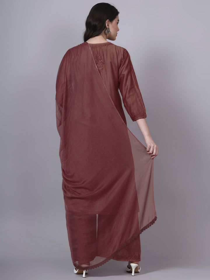 Women Hand Embroidered Chikankari Chanderi Kurta Set with dupatta PC4136KS Brown