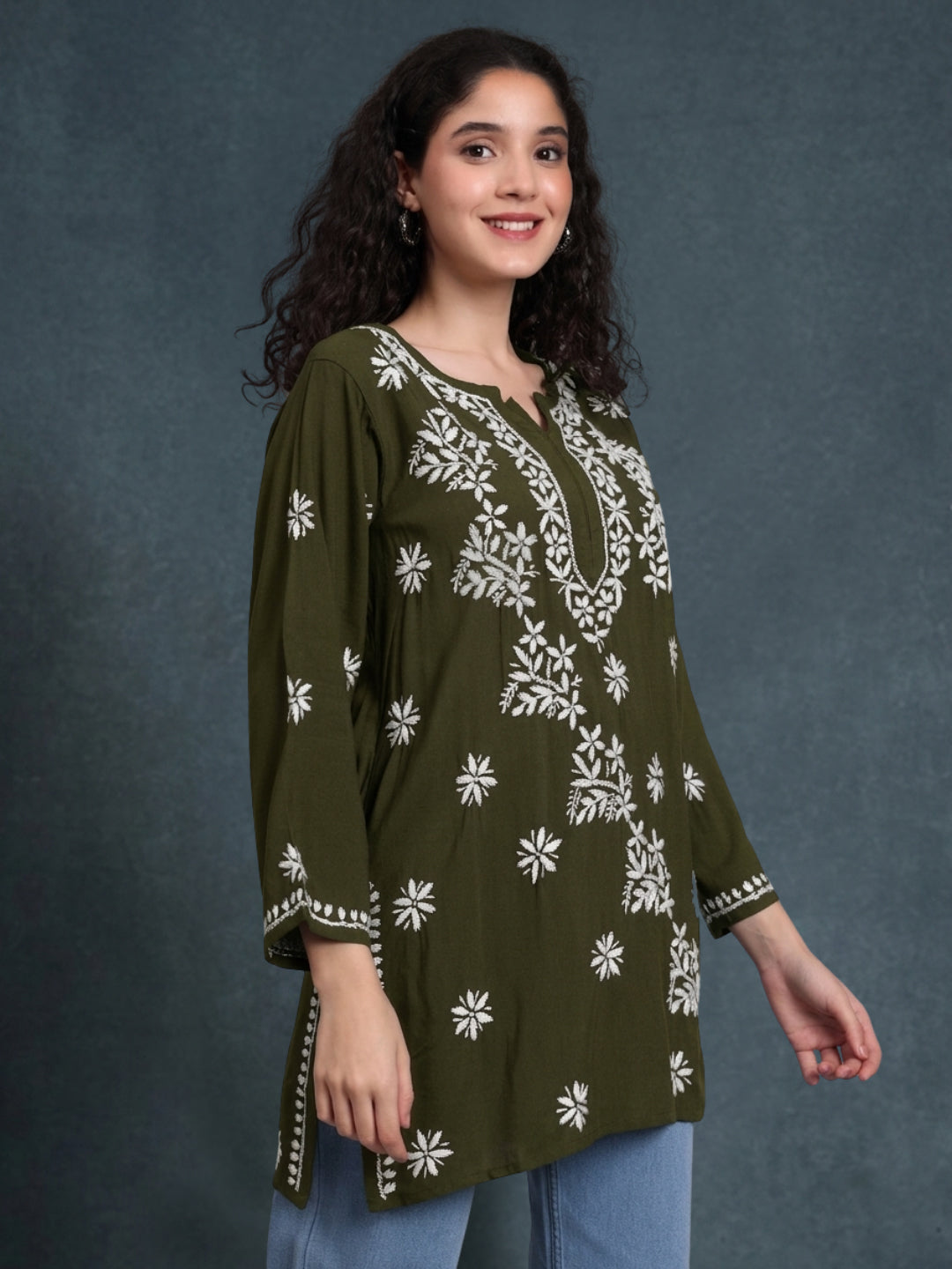 Women Hand Embroidered Chikankari Rayon Kurti PC4071 Olive